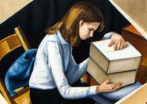 A girl student struggling to answer certification paper questions, praying for God's help, oil painting.
