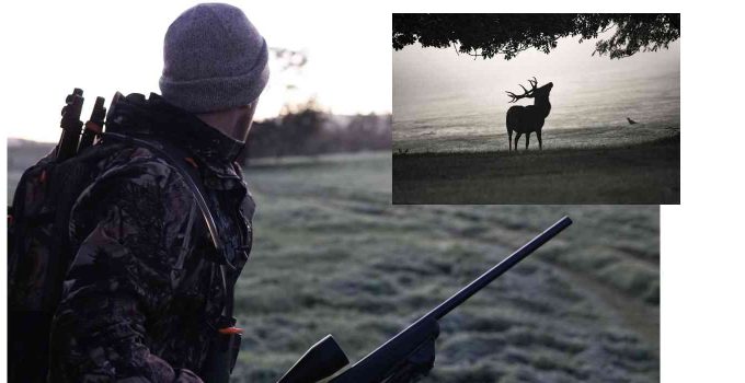 Hunter looking into horizon with deer silhouette