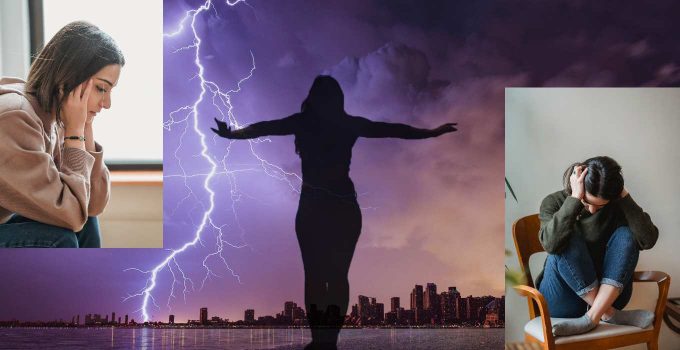 Girl with Raising arms in storm