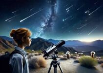 Girl watching meteor shower with telescope.