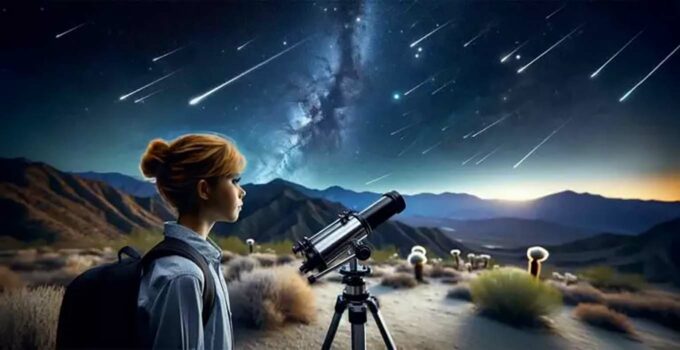 Girl watching meteor shower with telescope.
