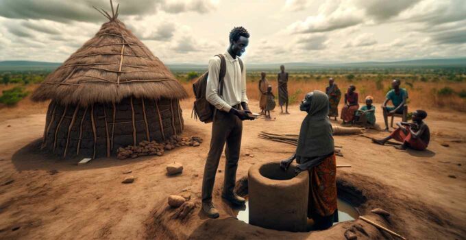 In rural Kenya, a young African preacher is charitably building a mud hut for a widow.