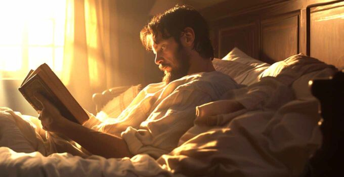 A man intently reading his bible in bed.