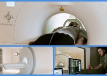 Man undergoing MRI, technicians analyzing MRI data
