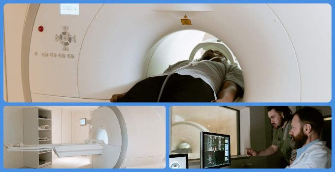 Man undergoing MRI, technicians analyzing MRI data