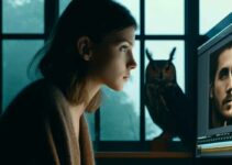 Girl editing with owl outside window.