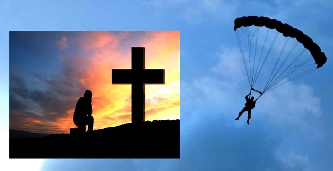 Parachuting praying man trusting Jesus Christ