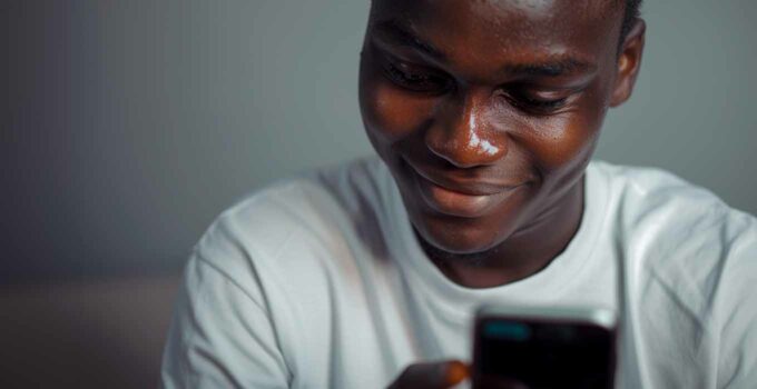 A young man gazing happily into his new phone.