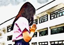 A schoolgirl prays before class, watercolor
