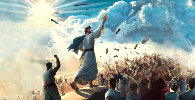 Angry crowd throwing rocks at Deacon Stephen as he looks into heaven and cries out to God.